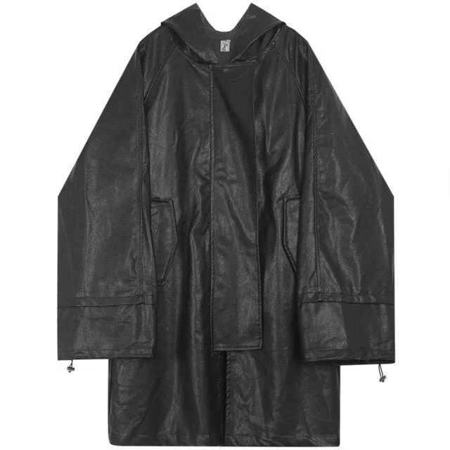 [EAM] Loose Fit Black Brief Big Size Pu Leather Jacket New Hooded Long Sleeve Women Coat Fashion Spring Autumn 2020 19A-a585