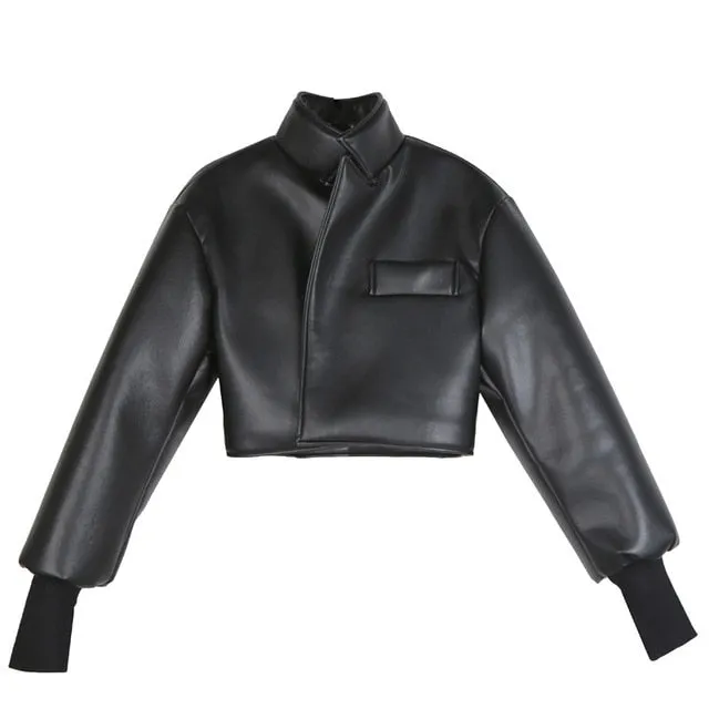 [EAM] Loose Fit Black Brief Pu Leather Big Size Thick Jacket New Lapel Long Sleeve Women Coat Fashion Tide Spring 2020 1N327