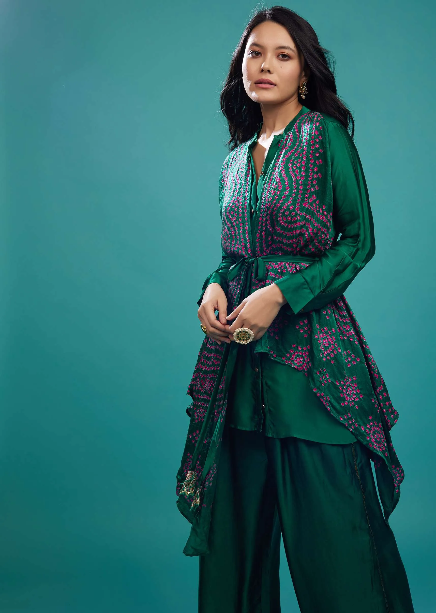 Emerald Green Bandhani Top & Palazzo In Gajji Silk