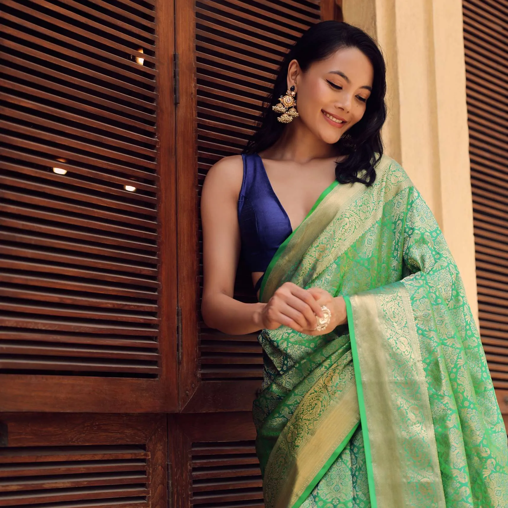 Jade Green Kanjivaram Saree In Zari Weave With An Unstitched Blouse