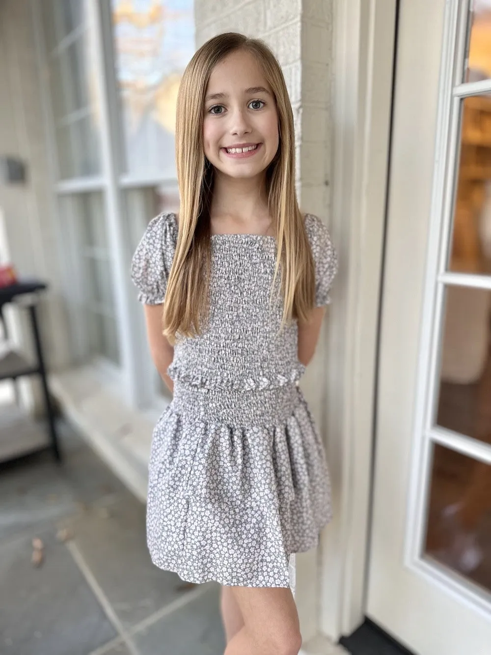 James & Lottie Be Elizabeth Girls Blue Quilted Floral Smocked Skirt