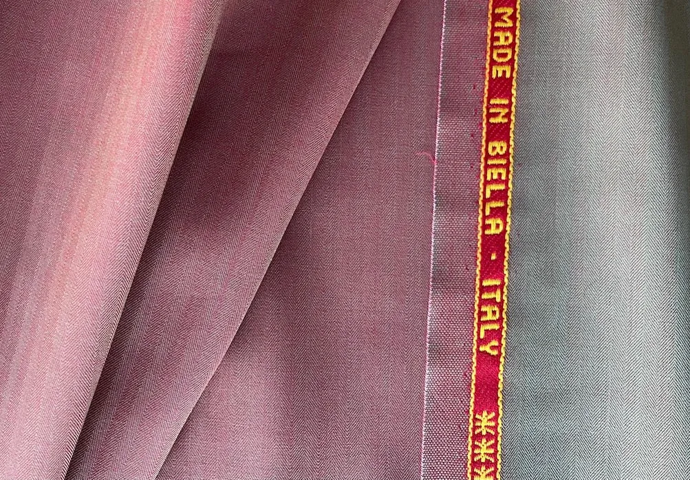 Lighter-Weight Selvedged Herringbone Sage & Brick Wool Suiting (Made in Italy)