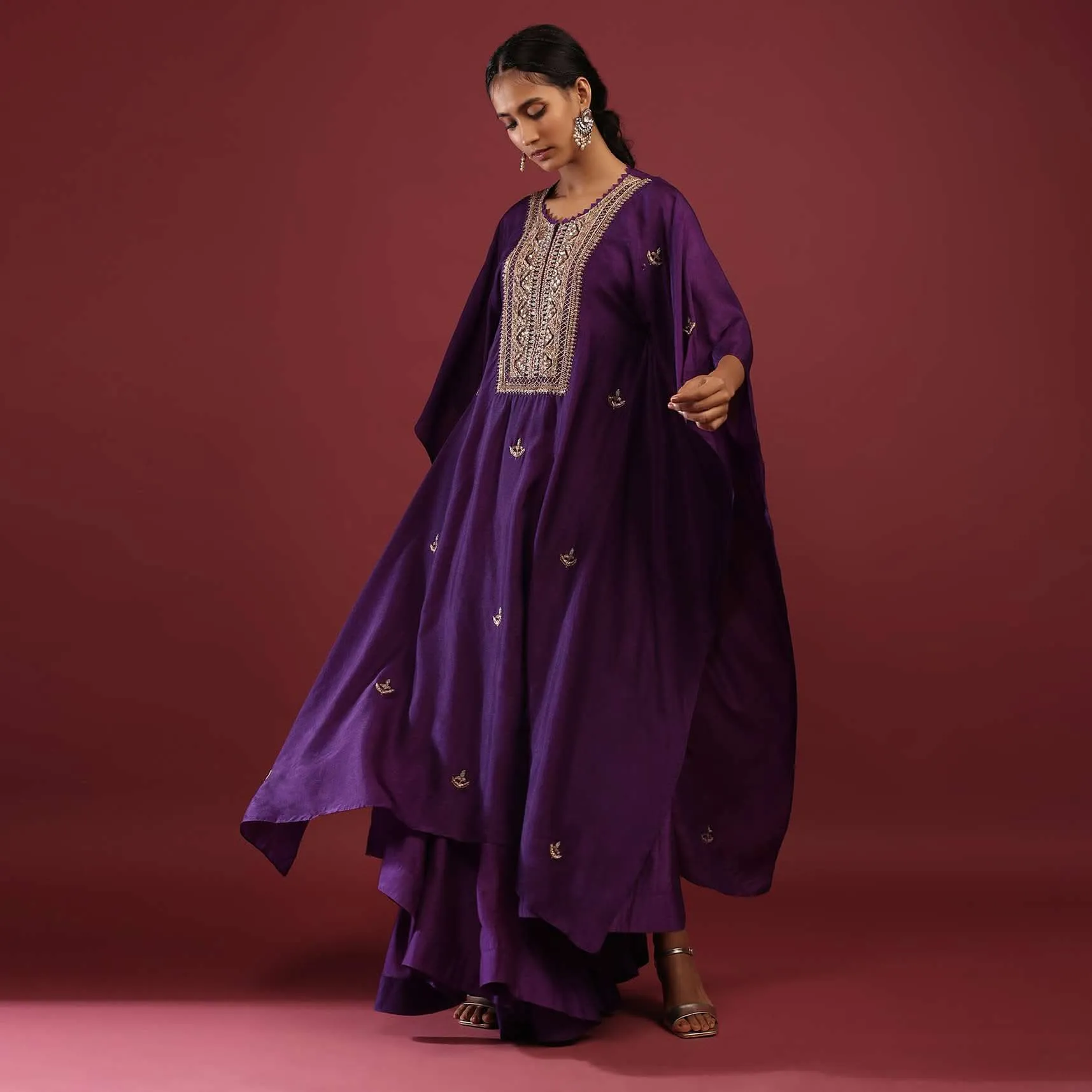 Mauve Purple Kaftan Suit With High Low Palazzo Pants And Zardosi Embroidered Yoke Design