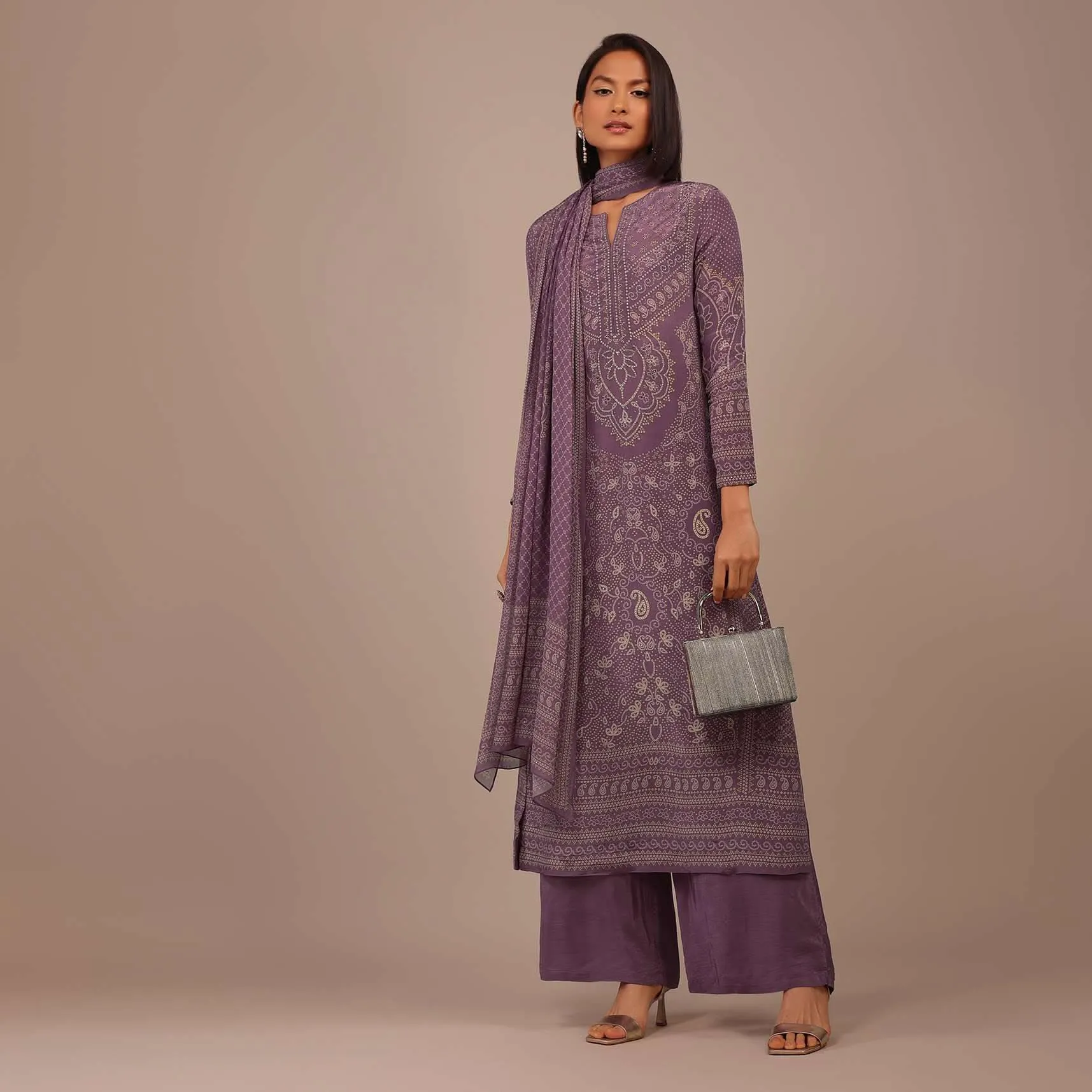 Mauve Purple Printed Palazzo Suit With Stonework In Crepe