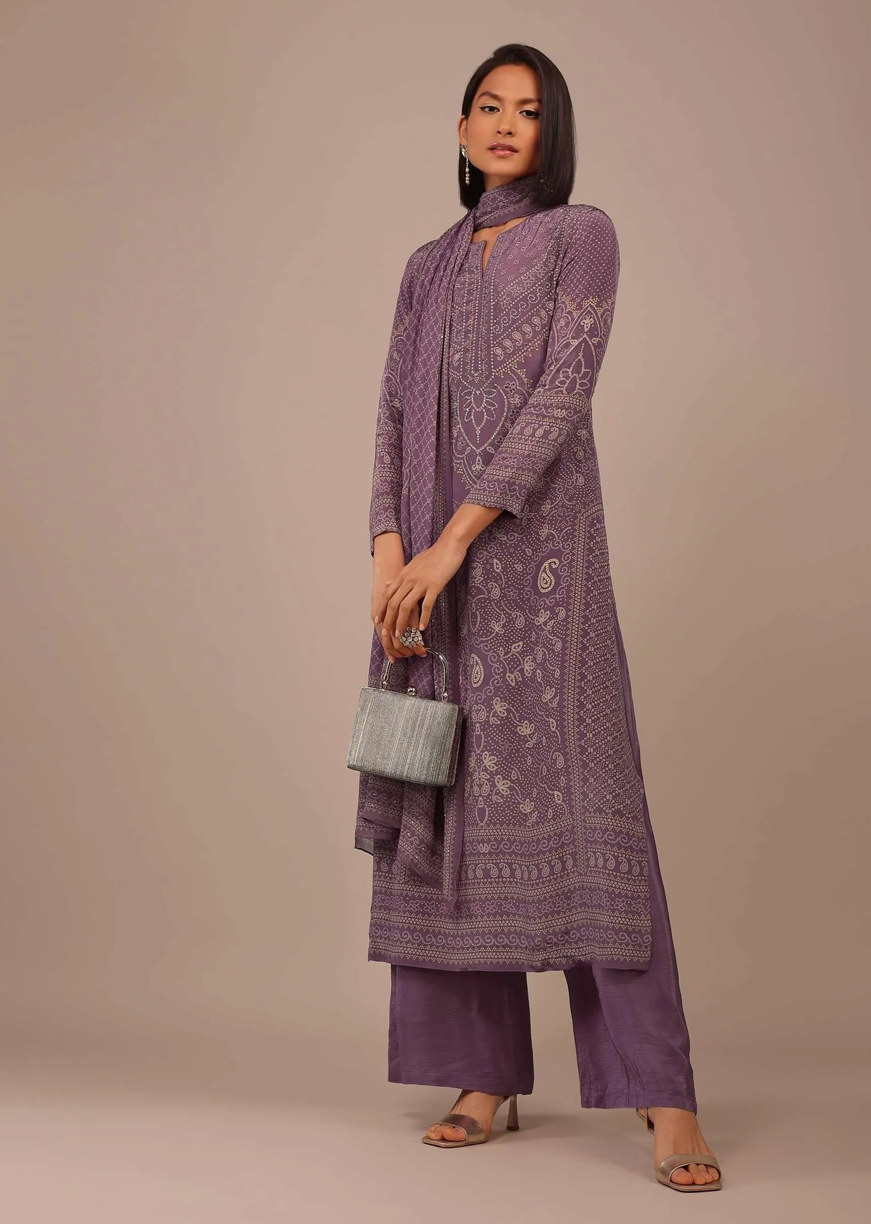 Mauve Purple Printed Palazzo Suit With Stonework In Crepe