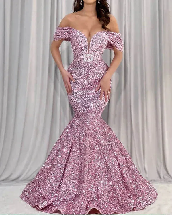 Mermaid Dusty Pink Sequin Off-shoulder Dress Evening Dresses Prom Dresses Sparkly