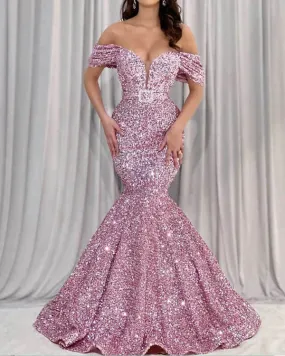 Mermaid Dusty Pink Sequin Off-shoulder Dress Evening Dresses Prom Dresses Sparkly