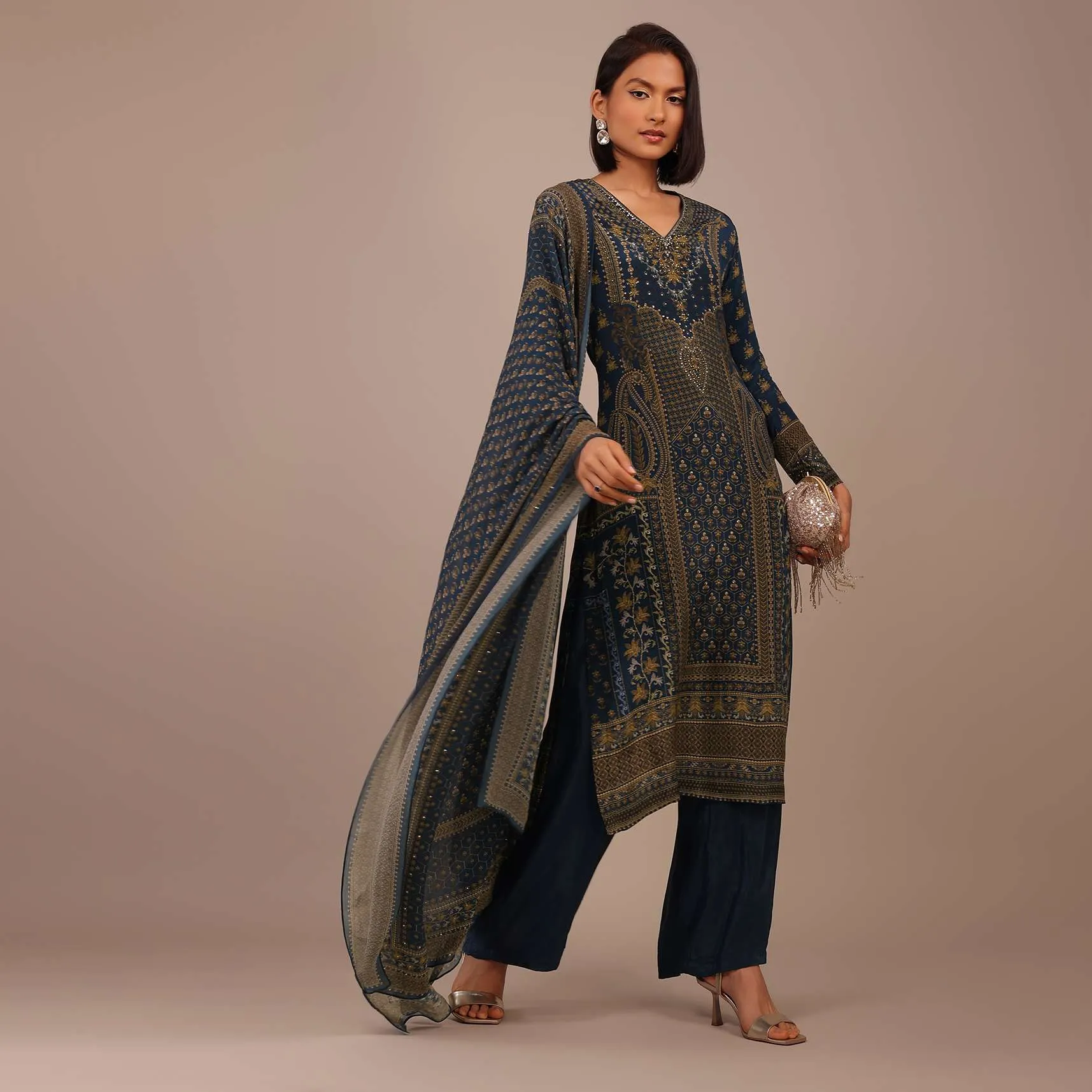 Midnight Blue Printed Palazzo Suit With Stonework In Crepe