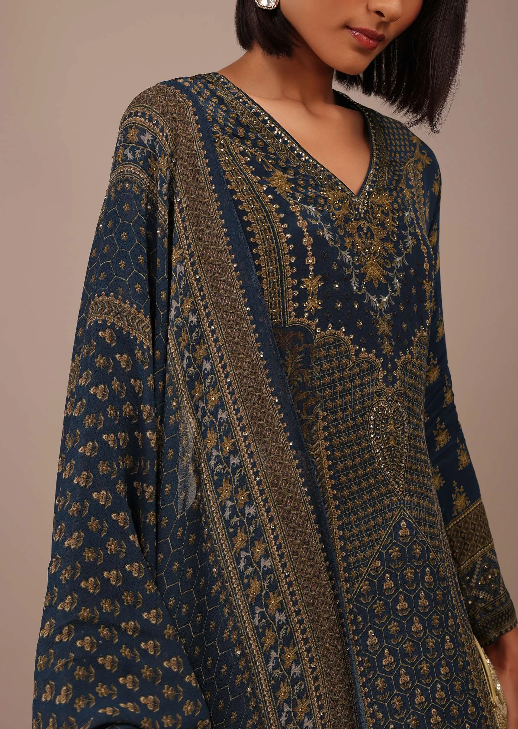 Midnight Blue Printed Palazzo Suit With Stonework In Crepe