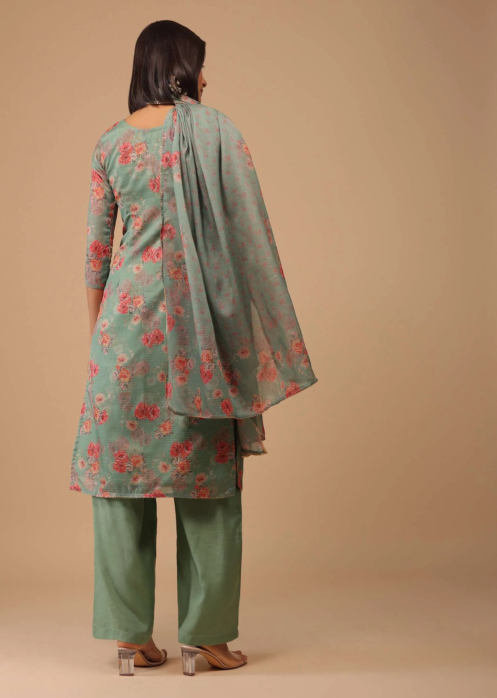 Moss Green Gotta Embroidered Floral Palazzo Suit In Kota Doriya