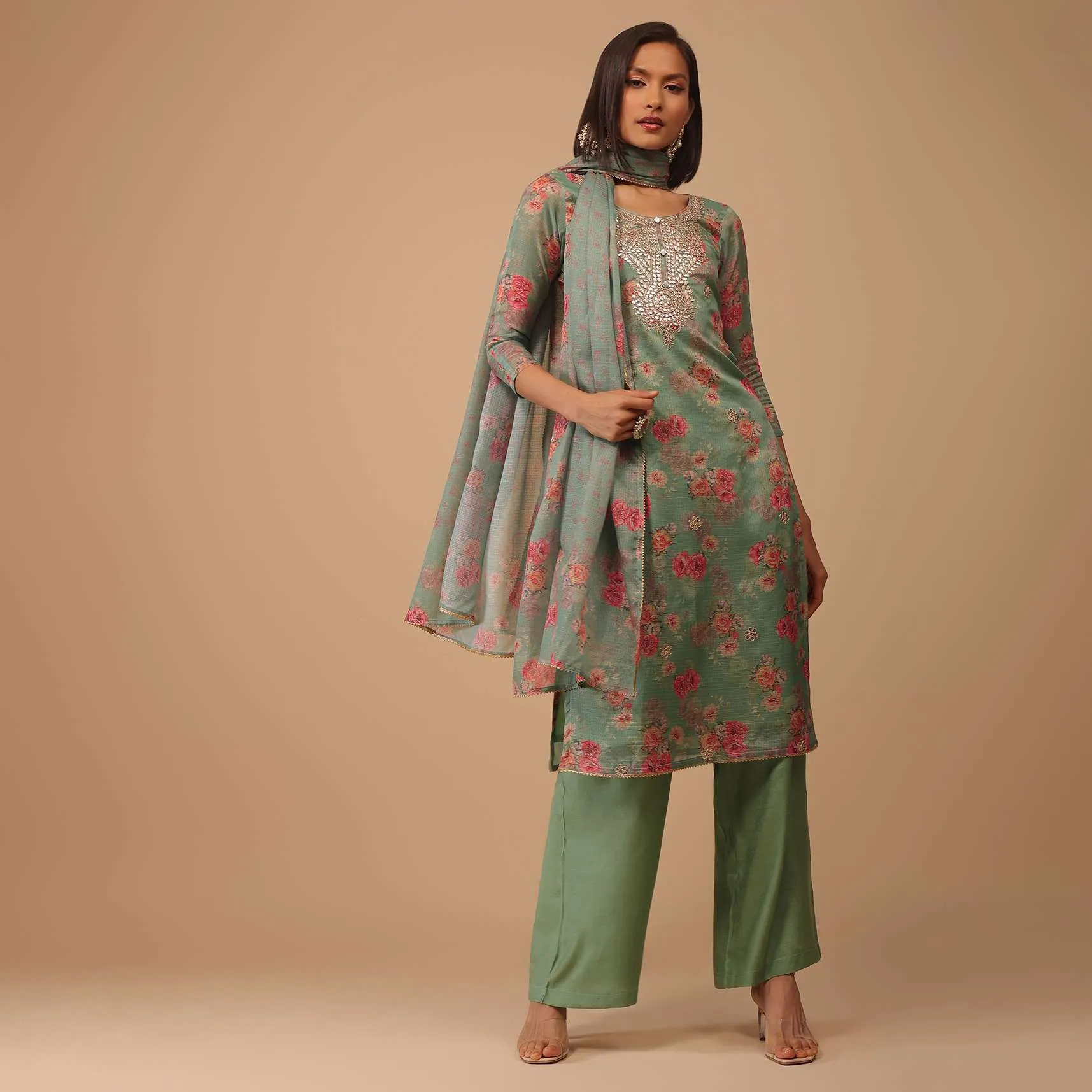 Moss Green Gotta Embroidered Floral Palazzo Suit In Kota Doriya