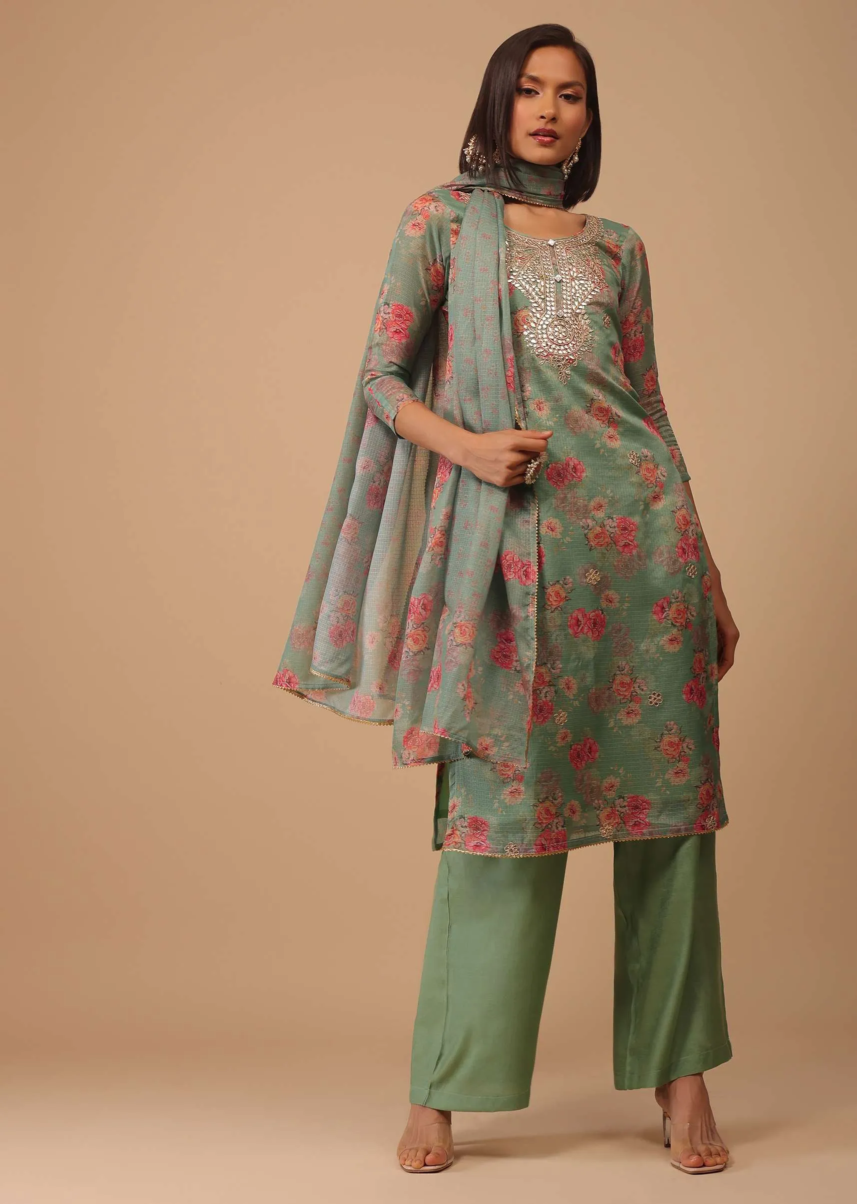Moss Green Gotta Embroidered Floral Palazzo Suit In Kota Doriya