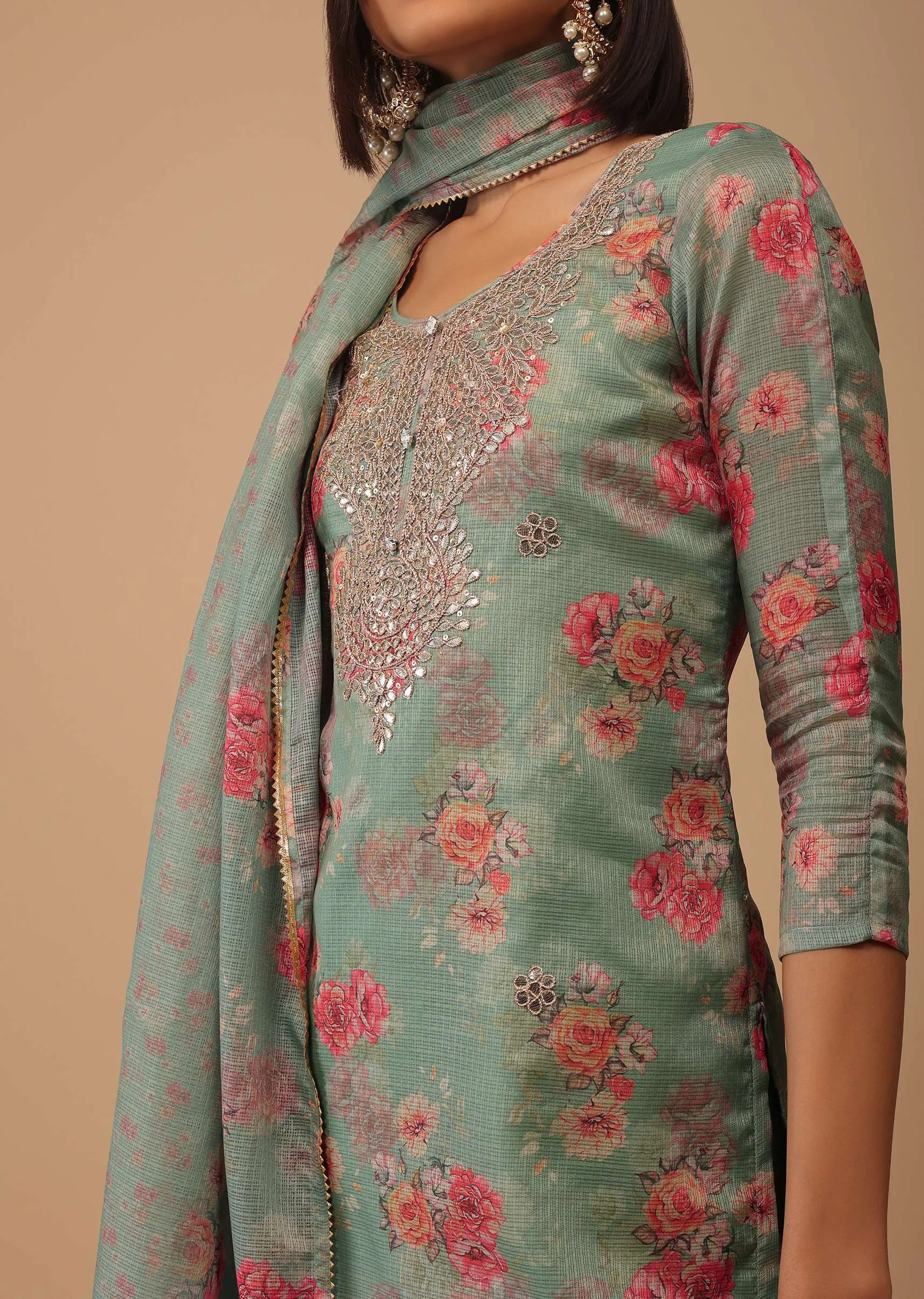 Moss Green Gotta Embroidered Floral Palazzo Suit In Kota Doriya