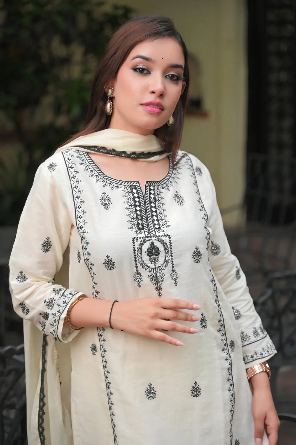 Pearl Ivory and Black Embriodered 3 piece Suit | Made To Order