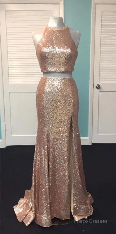 Rose Gold Sequin Two Piece Prom Dresses Mermaid Evening Gowns