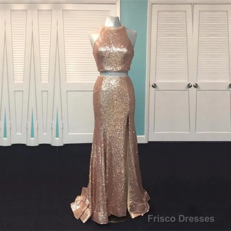 Rose Gold Sequin Two Piece Prom Dresses Mermaid Evening Gowns