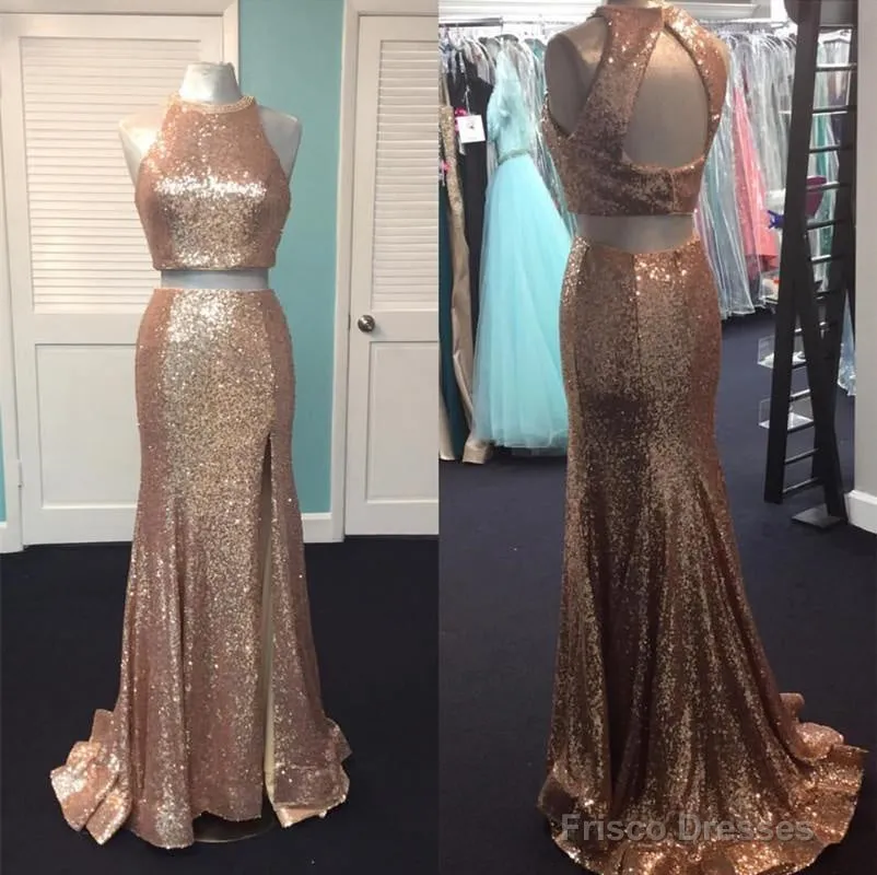 Rose Gold Sequin Two Piece Prom Dresses Mermaid Evening Gowns