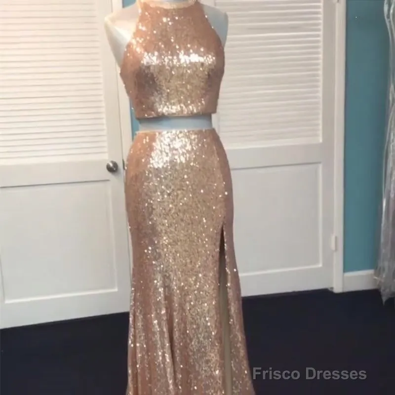 Rose Gold Sequin Two Piece Prom Dresses Mermaid Evening Gowns