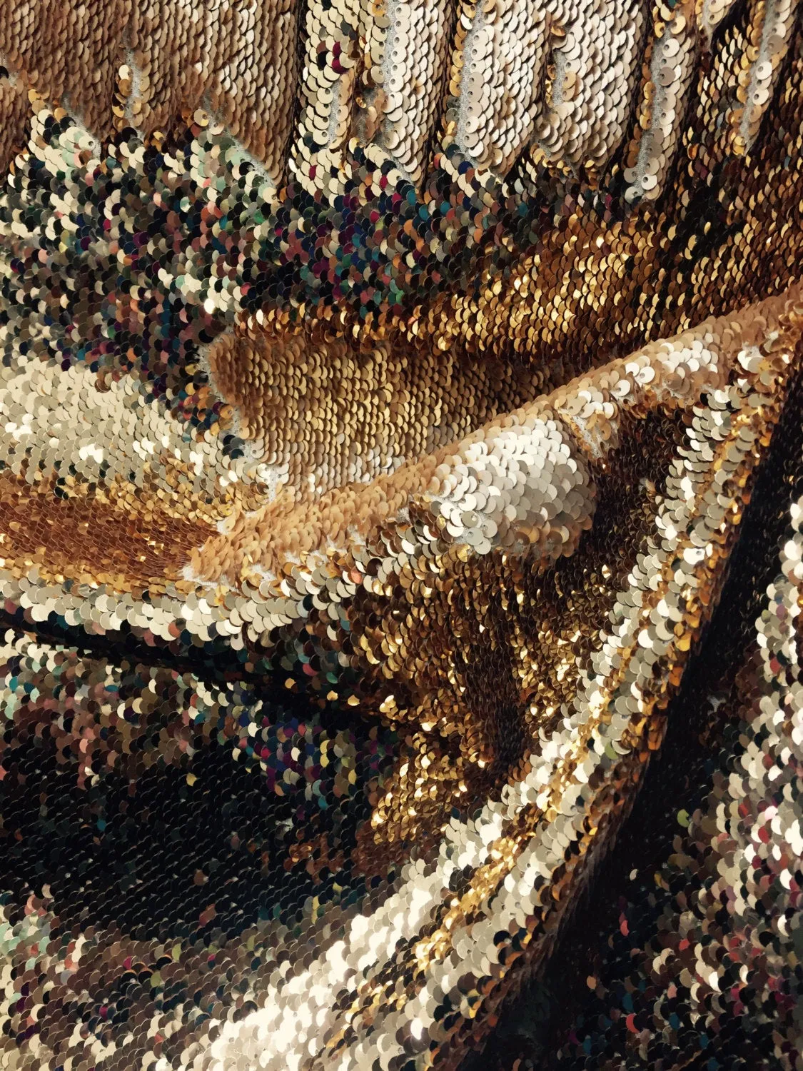 Shinny/ matte gold mermaid fish scale 2 way stretch flip flop sequins-prom-nightgown-dresses-decorations-sold by the yard.